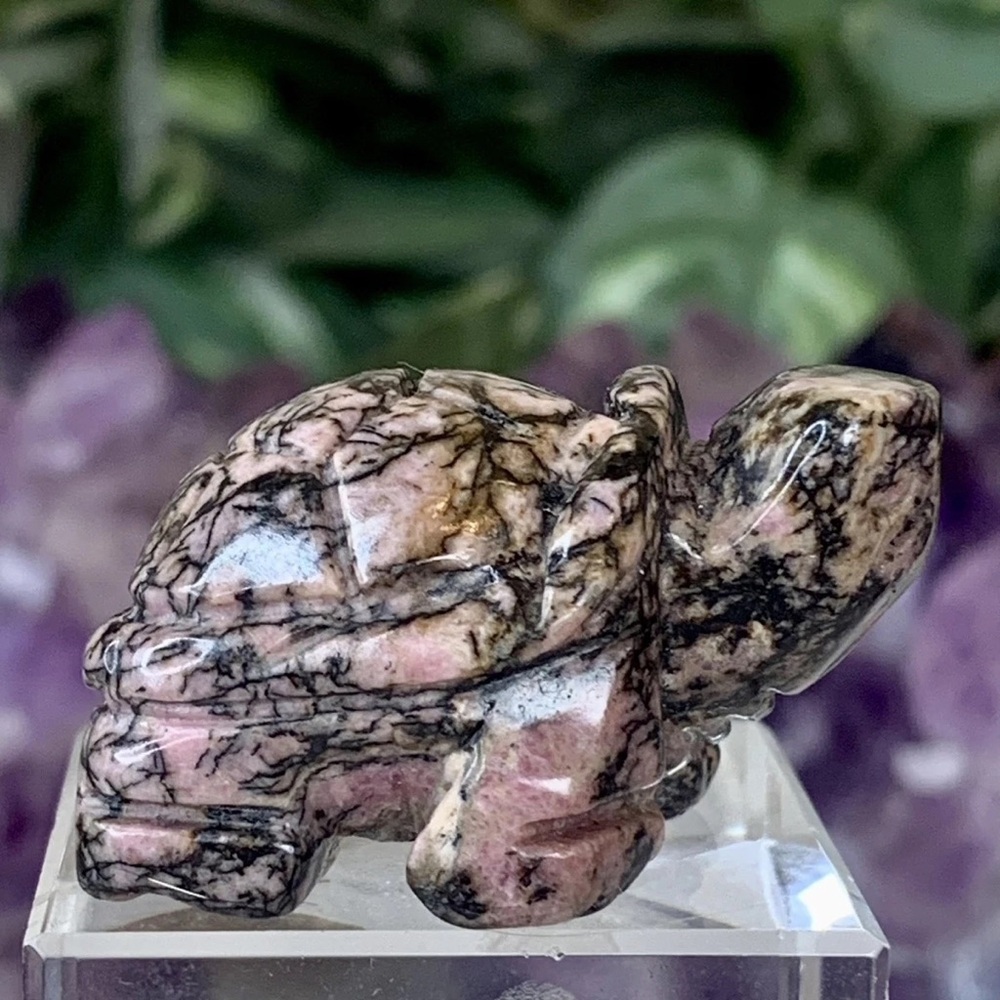 Rhodonite Turtle Figurine Carved Stone Spirit Animal Tortoise Carving Pink Black